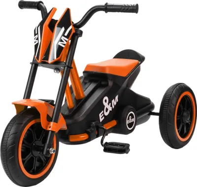 A studio shot of an orange and black children's tricycle.