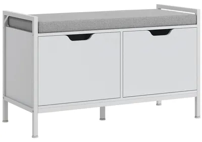 Immagine prodotto di Armadietto per scarpe - Panca per scarpe - Porta scarpe - Panca contenitore - Mobile per l'ingresso - Bianco - 2 ante - Cuscino imbottito per sedersi