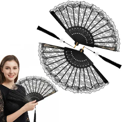 Productafbeelding van Set van 2 zwarte vintage handfans met bloemenborduursel en franjes