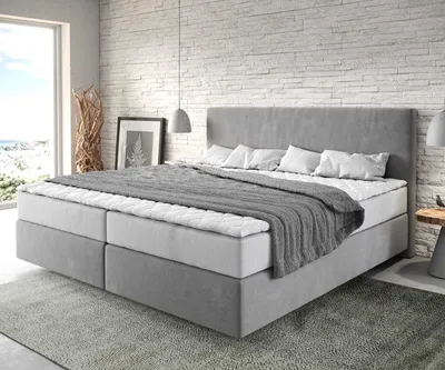 Produktbild von DELIFE Boxspringbett Dream-Well Mikrofaser Grau 200x200 cm mit Taschenfederkernmatratze und Topper Visco