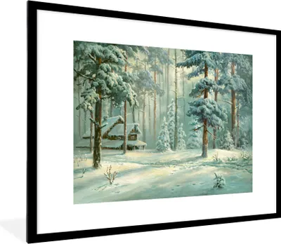 Produktbild von MuchoWow® MuchoWow® Gerahmtes Poster Schnee - Wald - Hütte 80x60 cm - Poster mit zchwarzem Bilderrahmen - Schlafzimmer-Dekorationen - Fotoposter