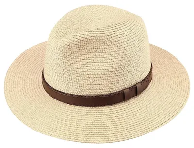 Produktbild von Damen Panama Hut Breiter Krempe Stroh Sommer Fedora Rollbar UV Sonnenhut UPF 50+ Beige