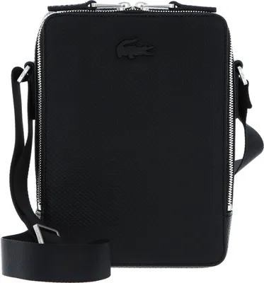 A studio shot of a black Lacoste crossbody bag.