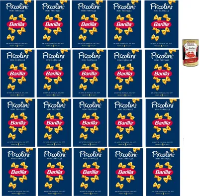 Produktbild von Barilla Piccolini Mini Farfalle – kleine Schmetterlings-Pasta für Kinder & schnelle Küche – Kochzeit 6 Min – 100% Hartweizengrieß – ideal für Saucen, Salate & Suppen 20x 500g + Italian Gourmet polpa