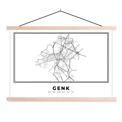 Produktbild von MuchoWow® Textilposter Karte - Stadtplan - Genk - Belgien - Schwarz und weiß 120x80 cm mit holzfarbenen Rahmen - Aufhängeset