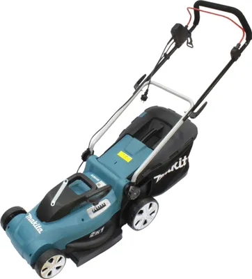 A teal and black Makita electric lawnmower is shown against a white background.