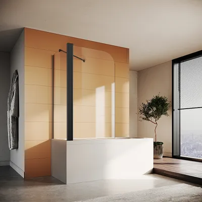 A modern bathroom with a bathtub and shower screen, featuring a large window with a city view.