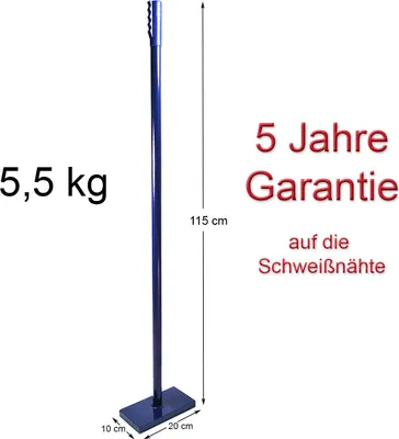 A blue concrete tamper with dimensions and warranty information displayed.