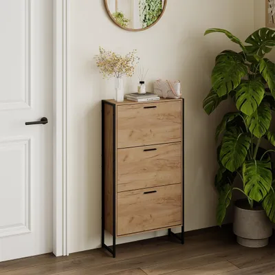 A shoe cabinet with three drawers is placed next to a white door and a large potted plant.