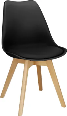 A black chair with wooden legs on a white background.