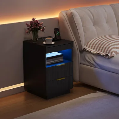 Produktbild von UnboxG Nachttisch Schwarz 40x40x60 cm – Moderner Wellenfront Beistelltisch mit LED, integrierter Ladestation und 2 Schubladen für Schlafzimmer & Wohnzimmer