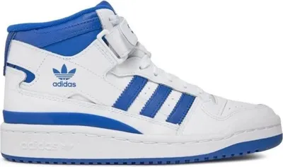 A white and blue Adidas Forum Mid sneaker is shown against a white background.
