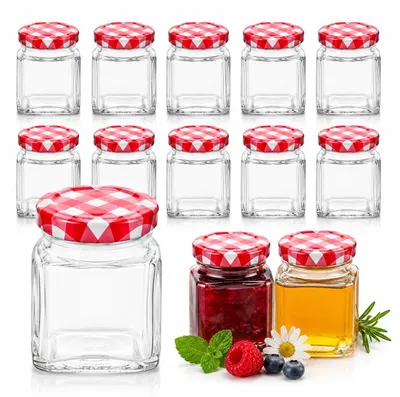 Produktbild von 10er-Set kleine Einmachgläser, 50 ml – quadratische Glasbehälter mit rot-weißem Deckel – Mini-Einmachgläser für Marmelade, Kräuter und zum Einmachen – 4 x 4 x 4,5 cm