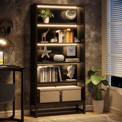 Productafbeelding van Boekenkast 180 cm, zwart, met LED-verlichting, 5 planken