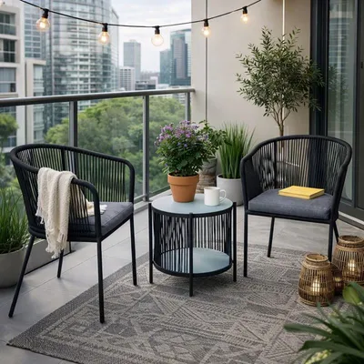 Produktbild von Balkonset Gartenset Bistro Set Gartenmöbel Set Outdoor Rope Sitzgruppe Schwarz
