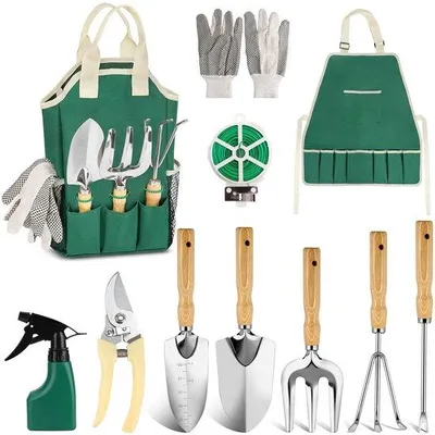 Image de Ensemble d'outils de jardinage Unyqoos® composé de 11 pièces : outils en acier inoxydable avec des poignées ergonomiques et une sacoche de rangement en Oxford 600D pour l'entretien des plantes
