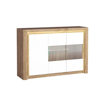Produktbild von Bettso Kommode mit 3 Türen Sideboard mit Glasvitrine LIVINIO 144 x 97 cm Weiß Glanz + Eiche