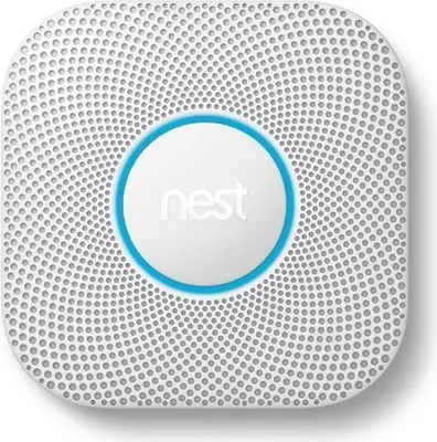 A close-up, studio shot of a white Google Nest Protect smoke and carbon monoxide detector.