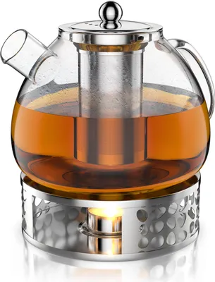 Produktbild von Arendo Teekanne mit Stövchen, Teebereiter Glas für losen Tee, Teefilter, Teesieb, 1,5 l, Borosilikatglas, Siebeinsatz Edelstahl, hitzebeständig & spülmaschinengeeignet