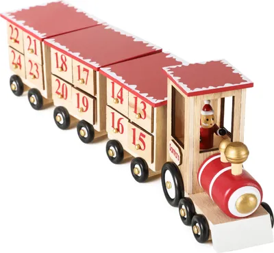 Produktbild von BRUBAKER Weihnachtszug Eisenbahn Adventskalender aus Holz Naturfarben Rot 47,5 x 9,5 x 14 cm