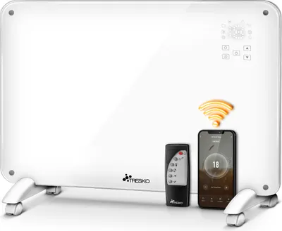 A white glass convector heater with a remote control and a smartphone displaying the app interface.
