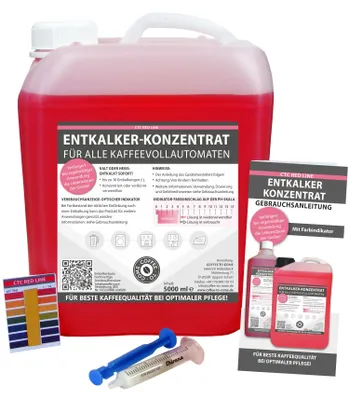5 Liter Kanister Entkalker Konzentrat mit  Verbrauchsanzeige, ein pH-Test und 2ml Wartungsfett.
