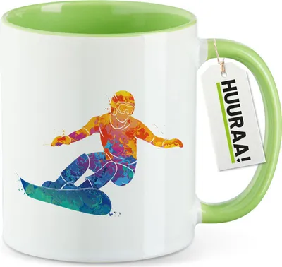 Produktbild von Huuraa Kaffeetasse Snowboarden bunte Silhouette 330ml Grün Keramik Kaffeebecher Geschenkidee