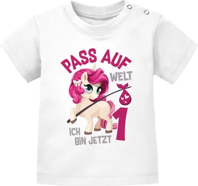 Produktbild von Baby T-Shirt Geburtstagsshirt Einhorn Pass auf Welt ich bin jetzt 1 Jahr Geschenk Mädchen kurzarm Baumwolle MoonWorks® weiß 80/86 (10-15 Monate)