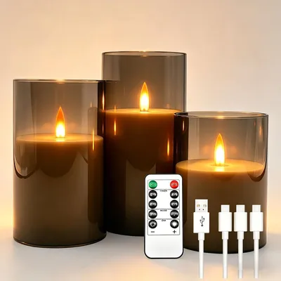 3 LED-Kerzen, 1800 mAh, flackernd, mit Fernbedienung, dunkelgrau