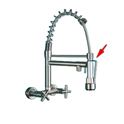A kitchen faucet with a pull-out spray nozzle, mounted on a wall.