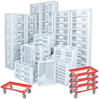 Produktbild von 78 Stück Stapelkörbe/Bäckerkästen in 5 Größen, Grundmaß LxB 600 x 400 mm, H 90 mm, 150 mm, 240 mm, 320 mm, 410 mm, Farbe weiß + 5x Transportroller, rot