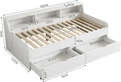 Obrázek produktu pro okwish Rozkládací postel 90*200 cm s dvěma zásuvkami a 3 úložnými prostory, Bílá