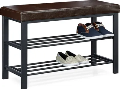 Produktbild von Relaxdays Schuhbank, 6-8 Paar Schuhe, Schuhregal zum Sitzen, Kunstleder-Polster, HxBxT: 49 x 81 x 31 cm, 2 Etagen, braun