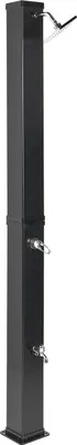 A black outdoor shower column with a shower head and two taps, mounted on a white background.