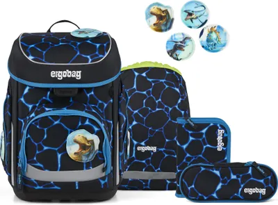 A set of school bags and pencil cases with a dinosaur theme, displayed against a white background.