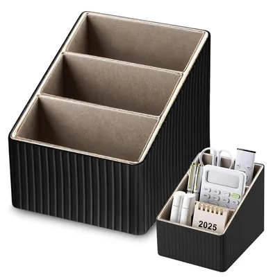 Produktbild von Schreibtisch-Organizer mit 3 Fächern, Kunstleder, multifunktionaler Stifthalter, schwarz