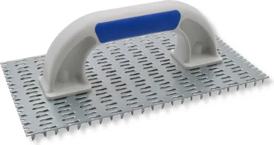 A tool with a metal base and a plastic handle, isolated on a white background.