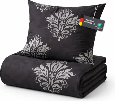 Produktbild von Feinbiber Bettwäsche 2-teilig Schwarz (Ornament) 135x200/80x80 cm, Bettbezug mit Reißverschluss, warm, weich,  100
