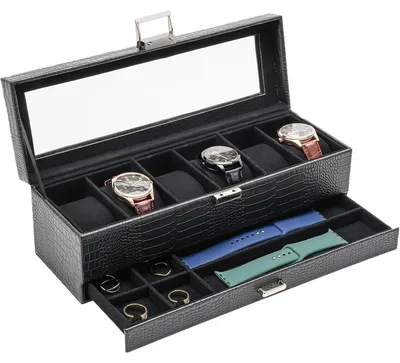 Produktbild von Uhrenbox mit 6 Fächern, 2 Ebenen, Glasdeckel, Eidechsenschwarz