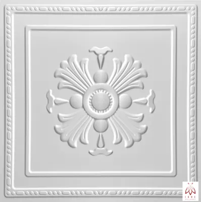 A white, embossed ceiling tile with a floral design.