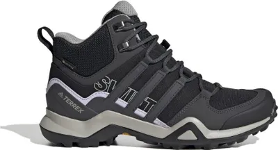 A side view of a black and gray Adidas Terrex hiking boot.