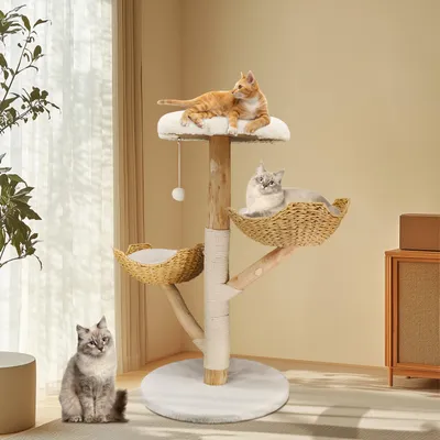 Produktbild von FATIVO Kratzbaum Modern Katzenbaum Holz-111cm Luxus Katzenkratzbaum mit 2 Weidenkorb Sisalstamm Sitzplattform Plüschbal für mehr Katzen