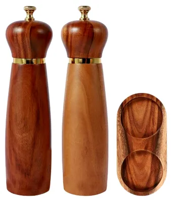 Produktbild von Salz- und Pfeffermühle Set Salz und Pfeffermühle Holz | Pfeffermühle und Chili Mühle mit Standtablett | manuell einstellbare Chilimühle Pfeffermühle Pfeffermühle Pfeffermühle Salzmühle