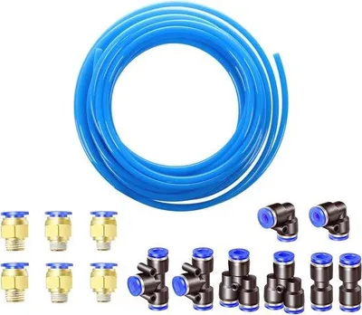 Obrázok produktu pre 10 metrováPolyuretánpneumatická hadica, priemer 12 mm x vnútorný priemer 8 mm, modrá, dĺžka 10 m, 14 pneumatických prípojok