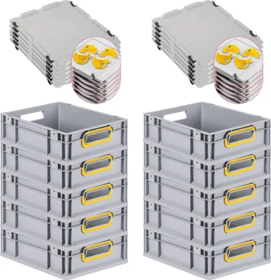 Produktbild von SparSet 10x Eurobox NextGen Color mit Auflagedeckel und Schiebeschnappverschlüsse | HxBxT 12x30x40cm | 11 Liter | Grau | Griffe gelb offen | Glatter Boden | Eurobehälter, Transportbox, Transportbehälter, Stapelbehälter