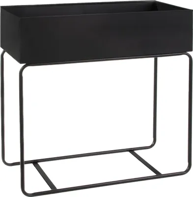 A black rectangular planter on a black metal stand, presented against a white background.