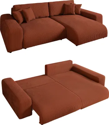 Produktbild von Ecksofa Schlaffunktion ausziehbar Bettkasten Polsterecke L-Couch Cord Terracotta / 21004