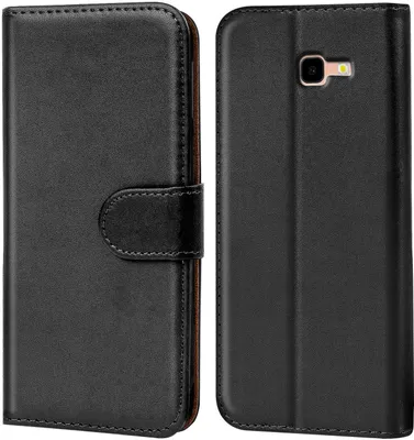 A black flip case for a smartphone is shown from two angles.