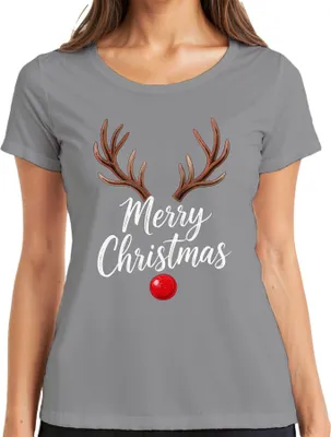 Produktbild von Merry Christmas Rentier Rudolph Geweih rote Nase Weihnachten Damen T-Shirt, Grau, M