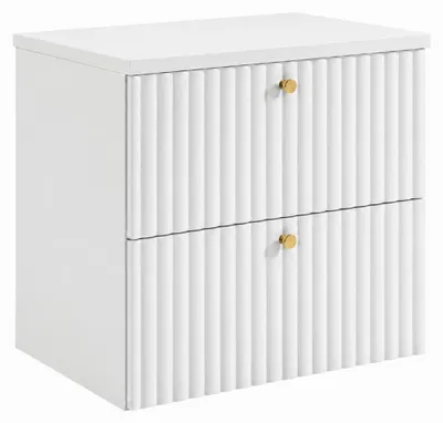 Imagen del producto de Mueble de baño suspendido con encimera, color blanco + encimera blanca, tiradores en tres colores, dimensiones: 60 x 44,4 x 58,6 cm, Imagen generada por IA